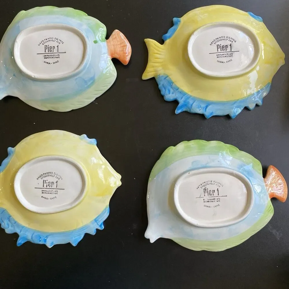 Pier 1 One Lot Of 4 Hand Painted Brightly Colored Mix & Match Fish Plates